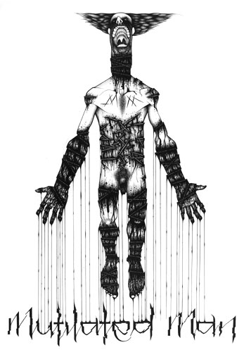 An ink drawing on card of a mutilated man